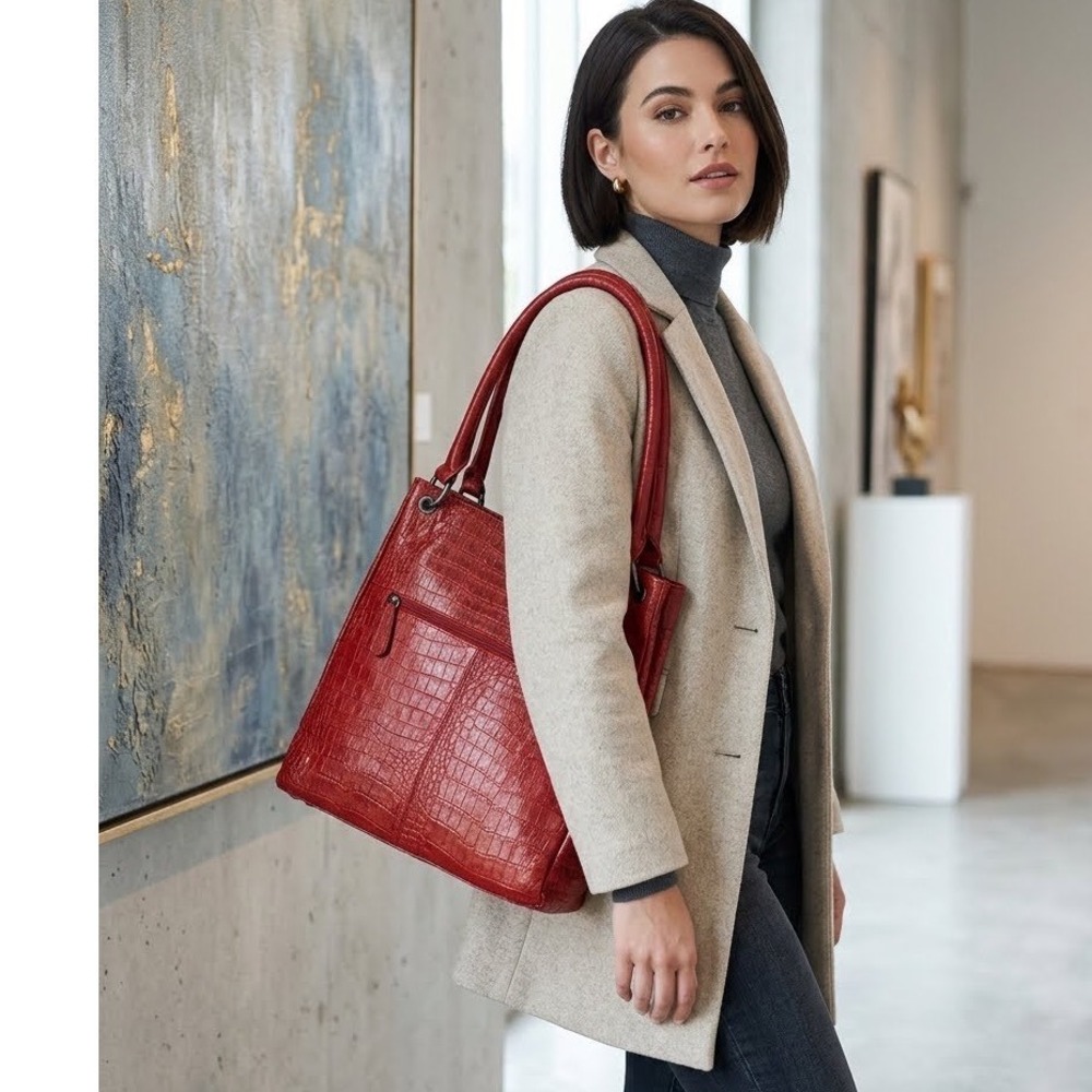 Red Genuine Leather Crocodile Embossed Tote Shoulder Bag Gunmetal Hardware